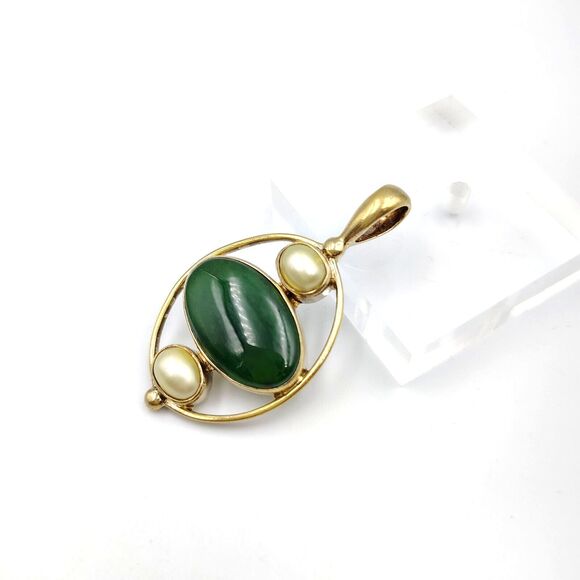 Vintage Sajen Sterling Silver 925 Vermeil Jade/Nephrite Baroque Pearl Pendant - Picture 1 of 13